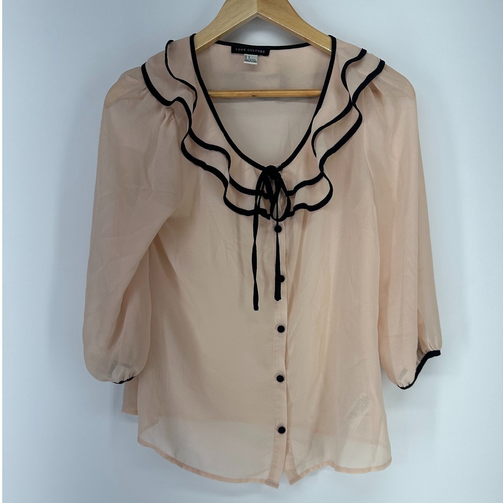 Love Culture Blouse Womens S Peach Ruffle Collar Sheer Chiffon‎ Button Up Top